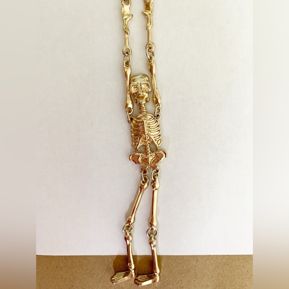 Gold Dangly Skeleton Man Long Chain Link Adjustable Necklace